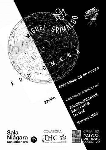 Cartel del concierto de Miguel Grimaldo y Edu Omega con Palos y Piedras, Basslihas y Turba