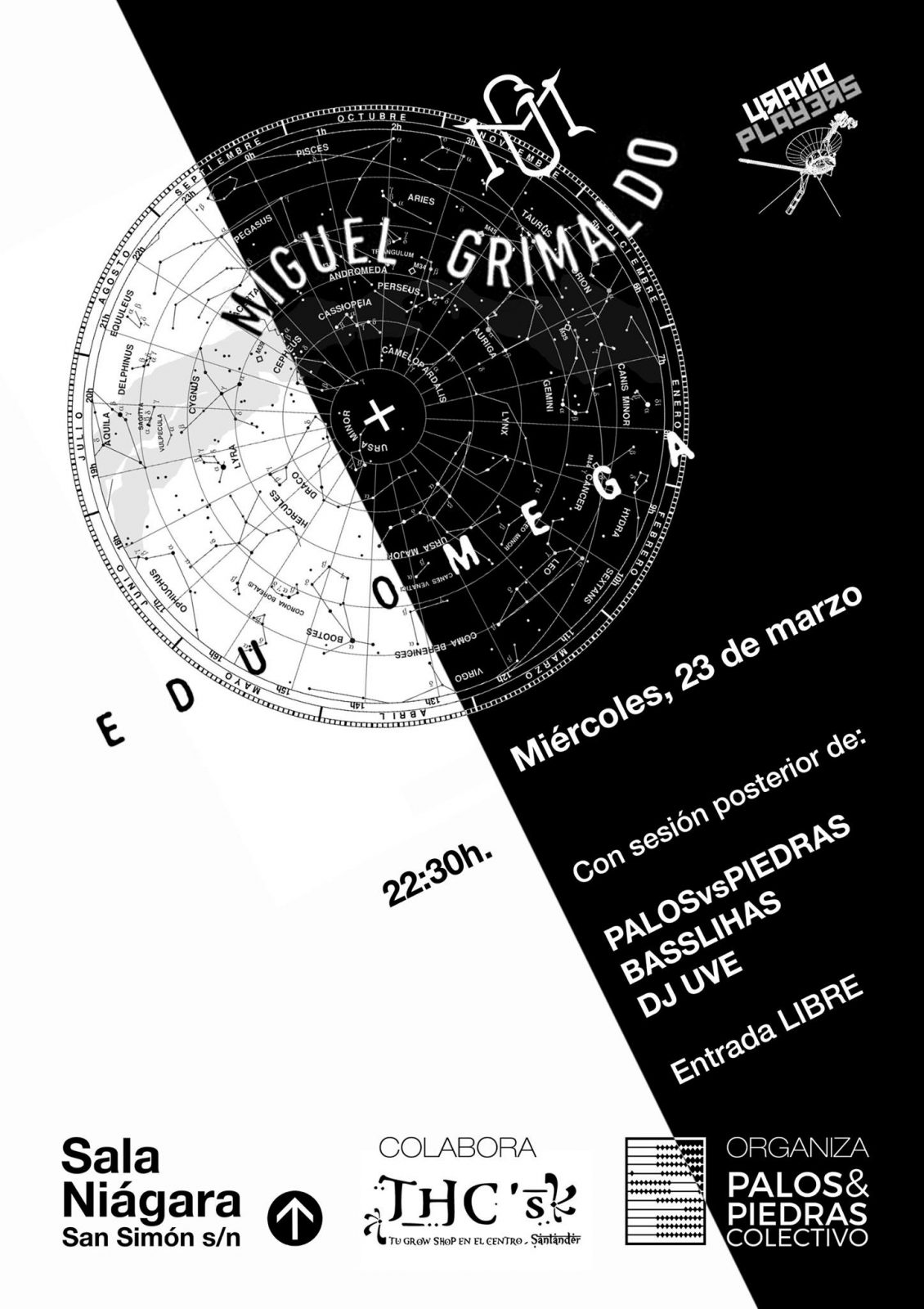 Cartel del concierto de Miguel Grimaldo y Edu Omega con Palos y Piedras, Basslihas y Turba