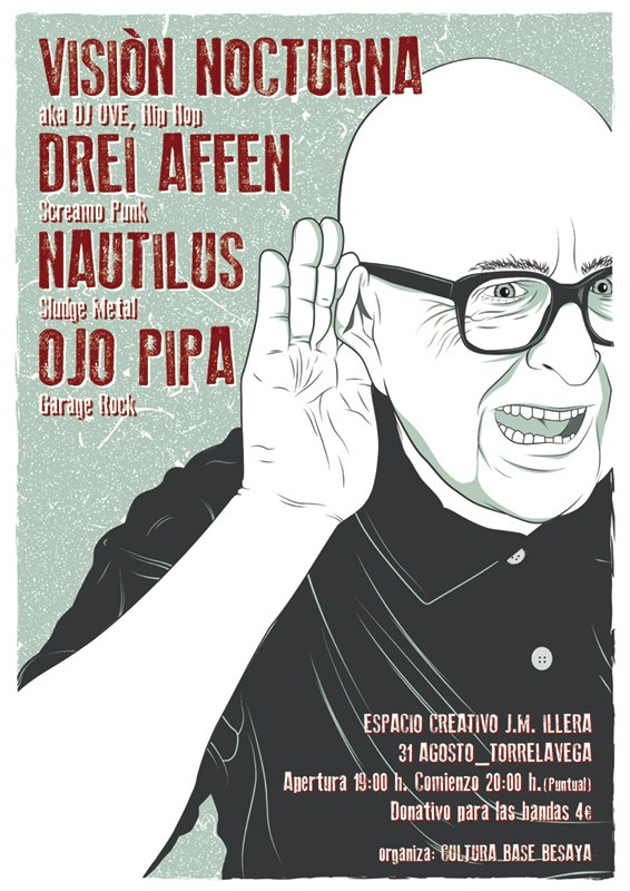 Cartel de la presentación de El Vigilante de Visión Nocturna en Torrelavega junto a Drei Affen, Nautilus y Ojo Pipa.